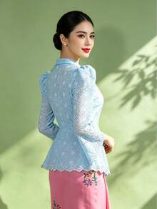 1pc Kebaya Kutubaru Floral Print Tie-Front Asymmetric/Irregular Long Sleeve Blouse For Women, Spring/Summer, Blue Long Sleeve Top - Blue - View 4