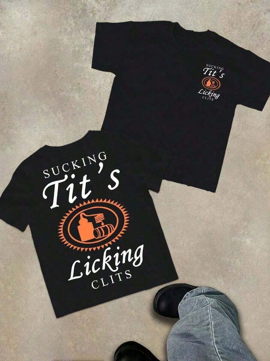 , Funny Tito Drinking Humor Printed Round-Neck-Shirt (220g Cotton-Shirt)% Cotton Fabric - Street Style Neutral Round-Neck Breathable Short-Sleeved-Shirt, Retro, Casual, Versatile And Fashionable Summer Men's Daily Wear-ShirtUnisex Casual-Shirts - màu đen - Xem 1