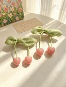 2pcs/Set Girls' Burgundy Cherry Hairclips, Vintage Sweet Bow Side Clips, Versatile Hair Accessories For Parties And Occasions - Multicolor - View 11
