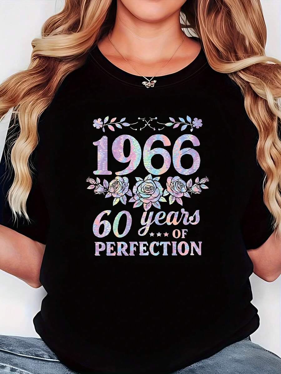 Camiseta de Tela Suave: El exquisito regalo conmemorativo del 60º aniversario de 1966, con estampado "60 años de PERFECCIÓN", camiseta de moda casual de cuello redondo para mujer de talla grande, ideal para reuniones sociales, actividades al aire libre, desplazamientos diarios, ropa versátil y elegante, Camiseta de Moda. - Negro - Ver 1