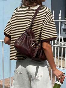 casual de mujer  de cuello redondo holgado, camiseta de manga corta a rayas con parches minimalista de color contrastante, adecuada para uso diario, ir al trabajo y verano en casa, color rosa - Marrón - Ver 2