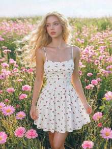 Elegante vestido de tirantes con fruncido en la cintura de color liso - Rojo y blanco - Ver 7