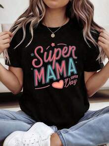 1 pieza de camiseta nueva para mujer 2026, 1 pieza con estampado de corazón Super MAMA, camiseta de primavera/verano para mujer.Adecuado para el Día de la Madre, reuniones familiares, actividades entre padres e hijos y uso casual diario. Top de verano (tallas de EE. UU.) Ropa de mujer a la moda, 180 g, 100% algodón. - Negro - Ver 2