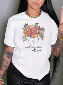 Camiseta de ocio con estampado floral a la moda, de manga corta y cuello redondo, estilo casual, adecuada para verano y primavera, ropa de mujer, cómoda y holgada. - Blanco - Ver 4