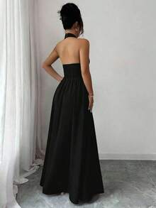 Elegante vestido sin mangas con cuello en V, diseño hueco en la cintura y pliegues, color morado, nueva llegada de primavera/verano - Negro - Ver 2