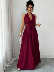 Elegante vestido sin mangas con cuello en V, diseño hueco en la cintura y pliegues, color morado, nueva llegada de primavera/verano - Burdeos - Ver 6