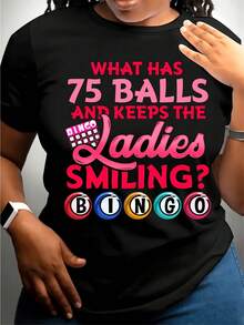Limited Edition [Printed T-Shirt] Black Casual T-Shirt With A Colorful 75 Balls Make Ladies Smile Design, Eye-Catching Pink Text Combined With A Fun Bingo Ball Pattern, Short Sleeve Style, Lightweight Casual T-Shirt Made Of PE, Suitable For Women's Daily Wear (For A Loose Fit, Please Refer To The Size Chart) Lightweight Cotton - 黑色 - 查看 1