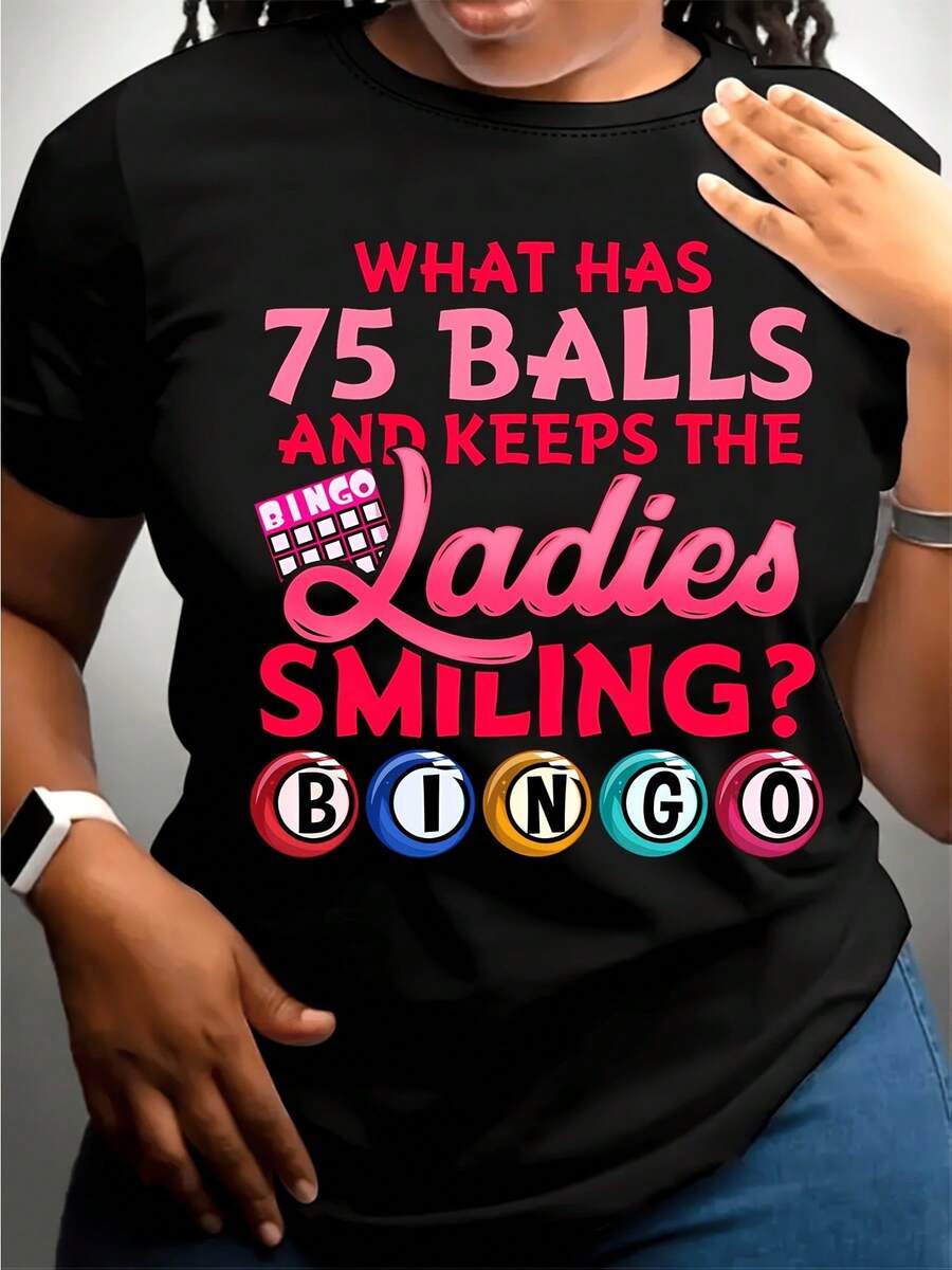 Limited Edition [Printed T-Shirt] Black Casual T-Shirt With A Colorful 75 Balls Make Ladies Smile Design, Eye-Catching Pink Text Combined With A Fun Bingo Ball Pattern, Short Sleeve Style, Lightweight Casual T-Shirt Made Of PE, Suitable For Women's Daily Wear (For A Loose Fit, Please Refer To The Size Chart) Lightweight Cotton - 黑色 - 查看 1