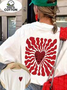 Women's 100% Cotton T-Shirt - Short Sleeve - With Printed Heart Motif - Machine Washable, Suitable For Everyday And Evening Wear, Comfortable, Soft Fabric, Casual Round Neck Top, Summer T-Shirt. - White - View 1