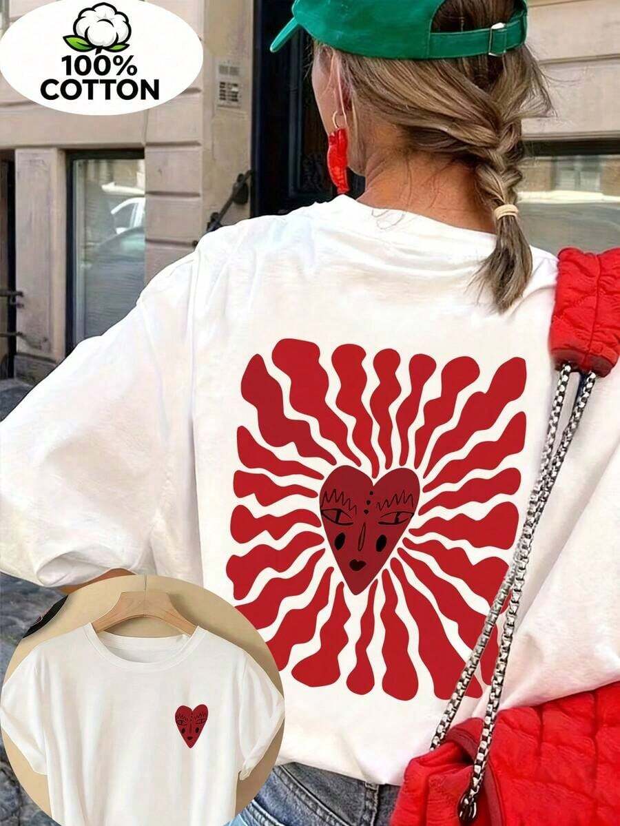 Women's 100% Cotton T-Shirt - Short Sleeve - With Printed Heart Motif - Machine Washable, Suitable For Everyday And Evening Wear, Comfortable, Soft Fabric, Casual Round Neck Top, Summer T-Shirt. - White - View 1