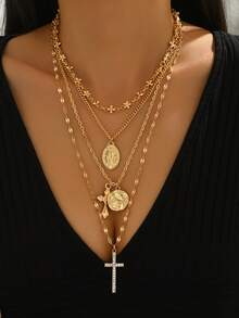 4pcs Vintage Metal Jesus Cross & Portrait Pendant Necklace Set, Multilayer Stylish Design Jewelry Suitable For Daily Wear, Travel, Party, Music Festival - Gold - View 4