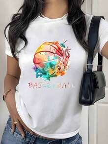 Premiumcon estampado digital de balón de baloncesto multicolor artístico Camiseta de mujer con cuello redondo temática deportiva 220 gramos 1 unidad de 100% algodón estilo moderno diseño casual Eco-Friendly - Blanco - Ver 9