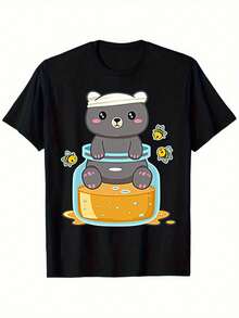 Unisex T-Shirt Made Of Pure Cotton, Cute Bear Honey Jar Pattern T-Shirt, Men's Short-Sleeved Casual Top, Comfortable Crew Neck, Everyday Wear T-Shirt, Anime Bear T-Shirt, Cartoon Bear T-Shirt, Summer T-Shirt, Blouse, Basic Tops, Tops, Creative Design, Outdoor Play, Cool Style, Fun Design, Great For Outdoor Play, Creative Design, Outdoor Play, Cool Style, Fun Design, Great For Outdoor Play - Black - View 5