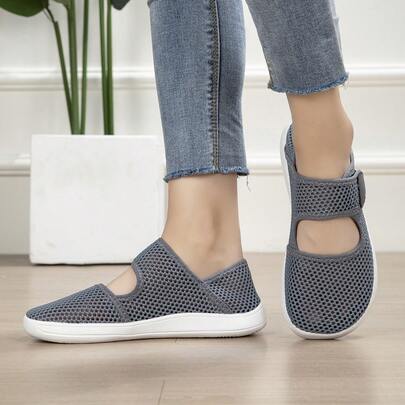 女士宽楦透气徒步鞋，可调节网面速干格子纯色户外休闲套脚涉水鞋，夏季穿着