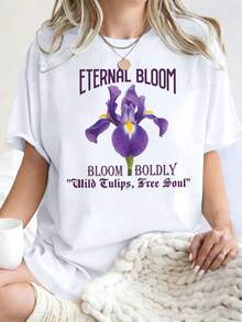 Camiseta para Mujer con Estampado de Flores Moradas, Cuello Redondo, Manga Corta, Diseño Streetwear Y2K Casual, Ideal para Verano - Blanco - Ver 1