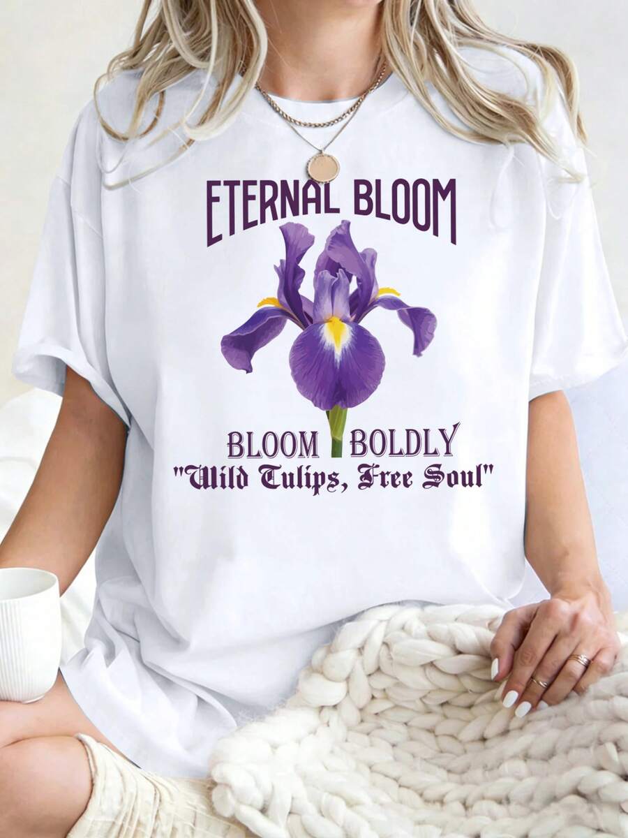 Camiseta para Mujer con Estampado de Flores Moradas, Cuello Redondo, Manga Corta, Diseño Streetwear Y2K Casual, Ideal para Verano - Blanco - Ver 1