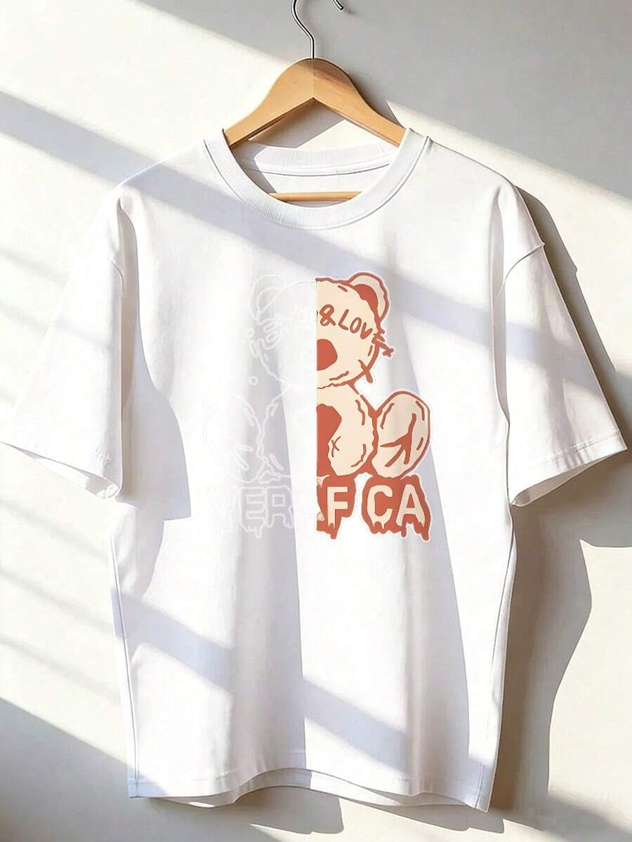 Short-Sleeve T-Shirt With Funny Bear And Youthful Calligraphy, Fashionable Short-Sleeve T-Shirt For Spring And Summer 2026, Made In Mexico, 180 Grams. Cartoon Print, Couple Design, Suitable For Indoor Or Outdoor Wear. Crew Neck, Unisex, Ideal For Office And Leisure. One-Pack. - WH-P631577SLNDXZGY396 - 查看 1