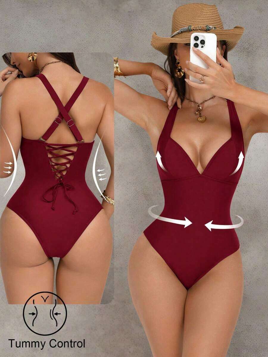 Traje de baño de una pieza con control de abdomen y push-up, con parches de color marrón, cordón de ajuste elegante y sexy, para fiestas y piscina - Burdeos 2 - Ver 1