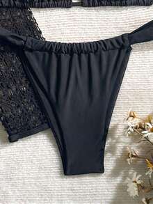 Conjunto de bikini de atar elegante y vintage de color marrón sólido para mujer, ideal para vacaciones y uso casual. Vestido con textura como cubierta de traje de baño, ropa de playa para primavera/verano - Negro - Ver 4