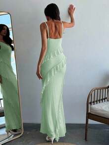 Vestido ceñido con tirantes finos, cuello drapeado y volantes para una cita romántica, para mujer.Vestidos de primavera/verano, regalo del Día de San Valentín, cita nocturna de San Valentín, "Sé mi Valentín", propuesta - Verde - Ver 2
