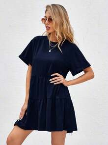 Holidaya Vestido de muñeca con dobladillo de volantes y puños enrollados, atuendo de playa de vacaciones - Azul marino - Ver 4