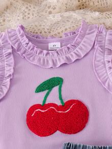 2pcs/Set Young Girl' Vintage Cute Frill Trim Cherry Embroidered Tank Top + Denim Skirt Summer Outfit - Lilac Purple - View 4
