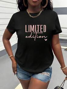 Camiseta con estampado de lema limitada, cuello redondo y manga corta, ropa casual para mujer - Negro - Ver 6