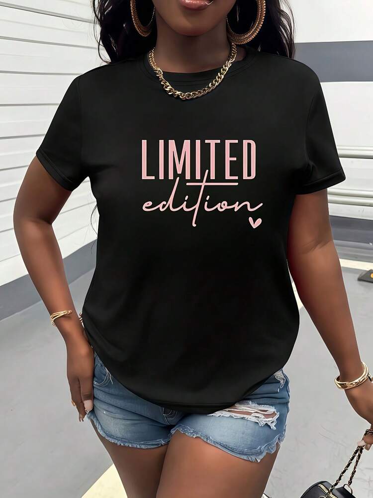 Limited Edition Slogan Print T-Shirt, Round Neck And Short Sleeves, Women's Casual Wear - màu đen - Xem 6