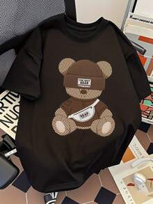 Camiseta casual de manga corta con cuello redondo y estampado de oso para hombre, estilo coreano, camiseta deportiva de verano, tops casuales para hombre, marca de moda - Negro - Ver 2