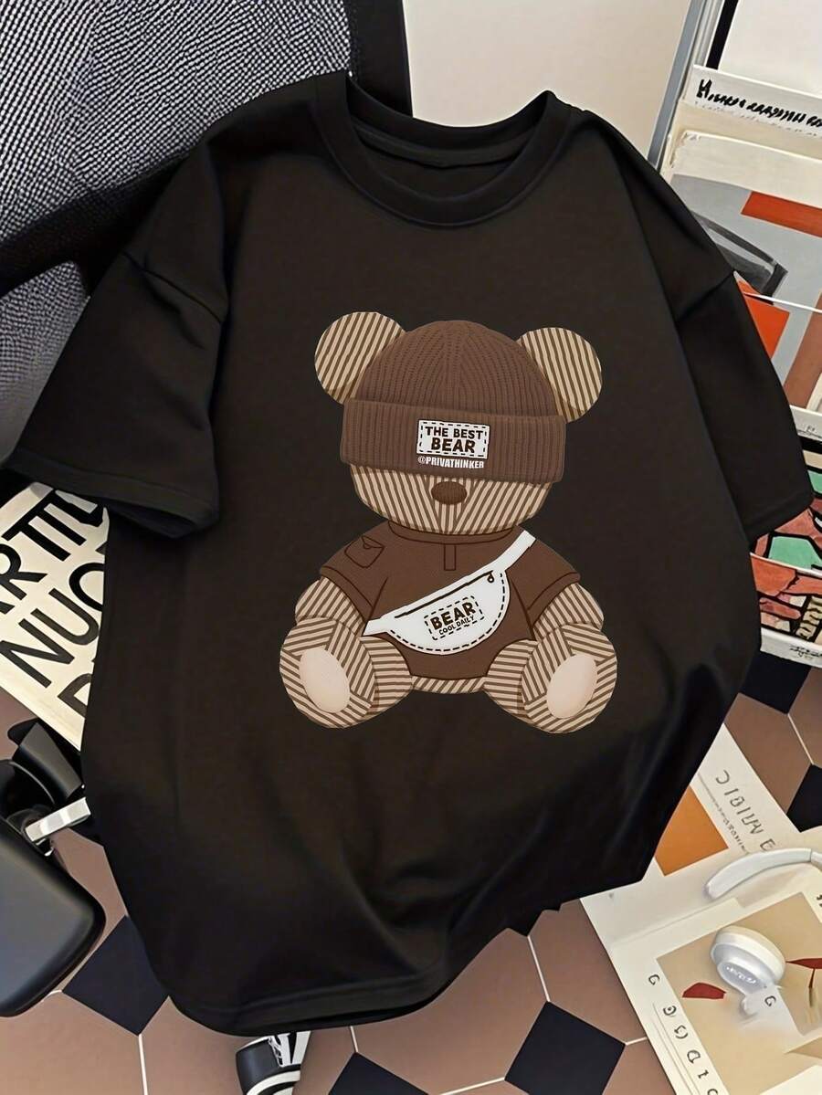 Camiseta casual de manga corta con cuello redondo y estampado de oso para hombre, estilo coreano, camiseta deportiva de verano, tops casuales para hombre, marca de moda