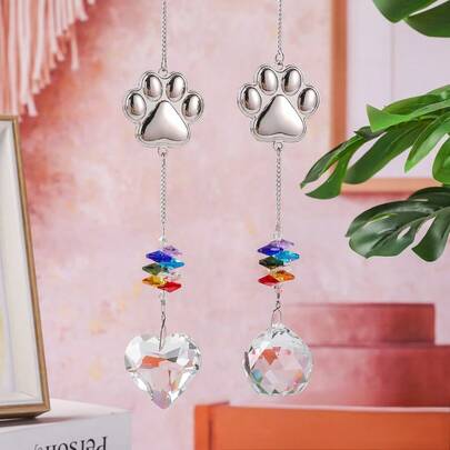 1pc Pet Paw Crystal Suncatcher, 7 Chakra Rainbow Beads Window Hanging Ornament, K9 Crystal Heart/Sphere Prism Rainbow Maker With Silver Metal Chain, Boho Style Cat/Dog Paw Print Decor, Feng Shui Light Catcher For Home, Bedroom, Living Room, Patio, Garden, Perfect For Pet Lovers, Pet Memorial Gifts