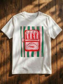 Camiseta de manga corta de cuello redondo con estampado de sardinas enlatadas, de ajuste regular, adecuada para primavera y verano, color blanco SYKB 7C6W - Negro - Ver 2