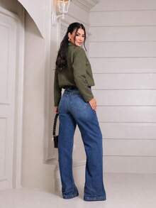 Women's Bomber Jacket, Long Sleeves, Suede, Pockets, Fashion. - 軍綠色 - 查看 3