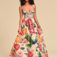 TRVLCHIC Women's V-Neck Maxi Woven Dress With Floral Print, For Spring/Summer Resort,Summer Outfits For Women,Beachwear,Easter,Beach Outfits For Woman,Spring Break,Vacation Outfits Women, Suitable For Holiday , Afternoon Tea, Wedding Season, Beach Cruise Vacation, City Road Trip Vacation, Boho Vacation, Music Festival , Beachwear, Easter, Beach Outfits For Woman, Elegant Dress For Women, Vacation Outfits Women, Concert Outfit Women, Tropical Vacation Woman Clothes, Holiday Outfits, Bohemia - Blanco - Ver 7