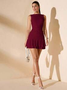 Vestido mini ajustado de mujer de color blanco liso sin mangas con volantes en la cintura y falda acampanada.Vestido de Body entero con capas para el verano, otoño e invierno - Burdeos - Ver 8