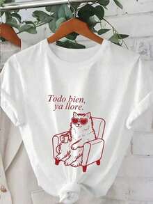Camiseta de mujer talla grande, con el significado en español "Está bien, ya he llorado lo suficiente", con un gráfico de un gato con gafas de sol con forma de corazón sentado en un sillón bebiendo café. Camiseta casual de cuello redondo y manga corta, adecuada para primavera, otoño, verano, y apropiada para el Día de San Valentín/vuelta al colegio. Camiseta de mujer talla grande, ropa de vacaciones, atuendo del Día de San Valentín, parte superior, ropa de verano, ropa de mujer talla grande, atuendo del Día de San Valentín. - Blanco - Ver 4