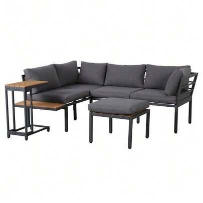 Garden Furniture Set, Sofa + Side Table + Coffee Table (Can Be Used As A Footrest), Galvanized Steel Tube Frame, Composite Wood Tabletop, Ideal For Balcony And Garden, Grey And Black