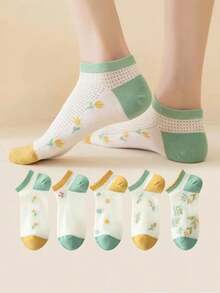 5 Pairs Random Summer Thin Floral Lace Low-Cut Breathable Cotton Socks - Multicolor - View 2