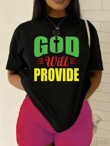 Camiseta de colores cómodos para mujer "Dios proveerá" |     180G 100%, Negra, Holgada y a la moda, Manga corta, Cuello redondo, Estilo casual, Primavera y verano, Regalo de Año Nuevo - Negro - Ver 1