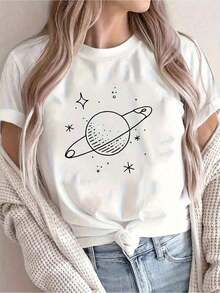 1 pieza de camiseta de manga corta para mujer con estampado de planetas celestes, cuello redondo, corte holgado, blusa casual, silueta en línea para atuendos informales, top minimalista (lavable a mano), camiseta sin estampado, camisetas estampadas para mujer, camiseta de verano, camiseta casual, ropa de vacaciones para mujer, diseño juvenil y moderno, 180g 100% algodón. - Blanco - Ver 12