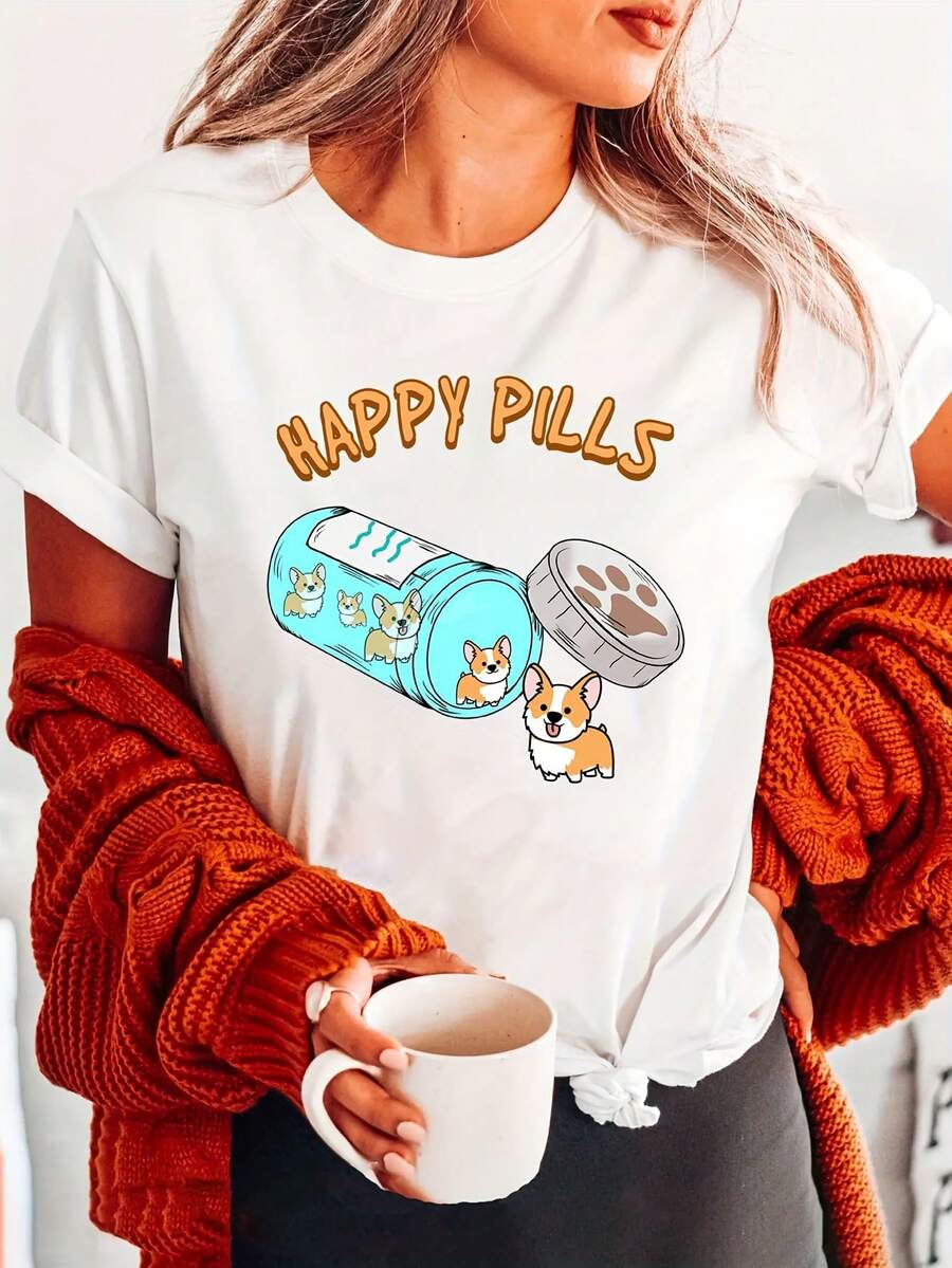 Women's T-Shirt With Corgi Print - Cute Corgi Face And Happy Pills, Soft And Breathable Crew Neck, Ideal For Summer And Spring, Casual Wear For Corgi Lovers (Machine Washable) - 白色 - 查看 1