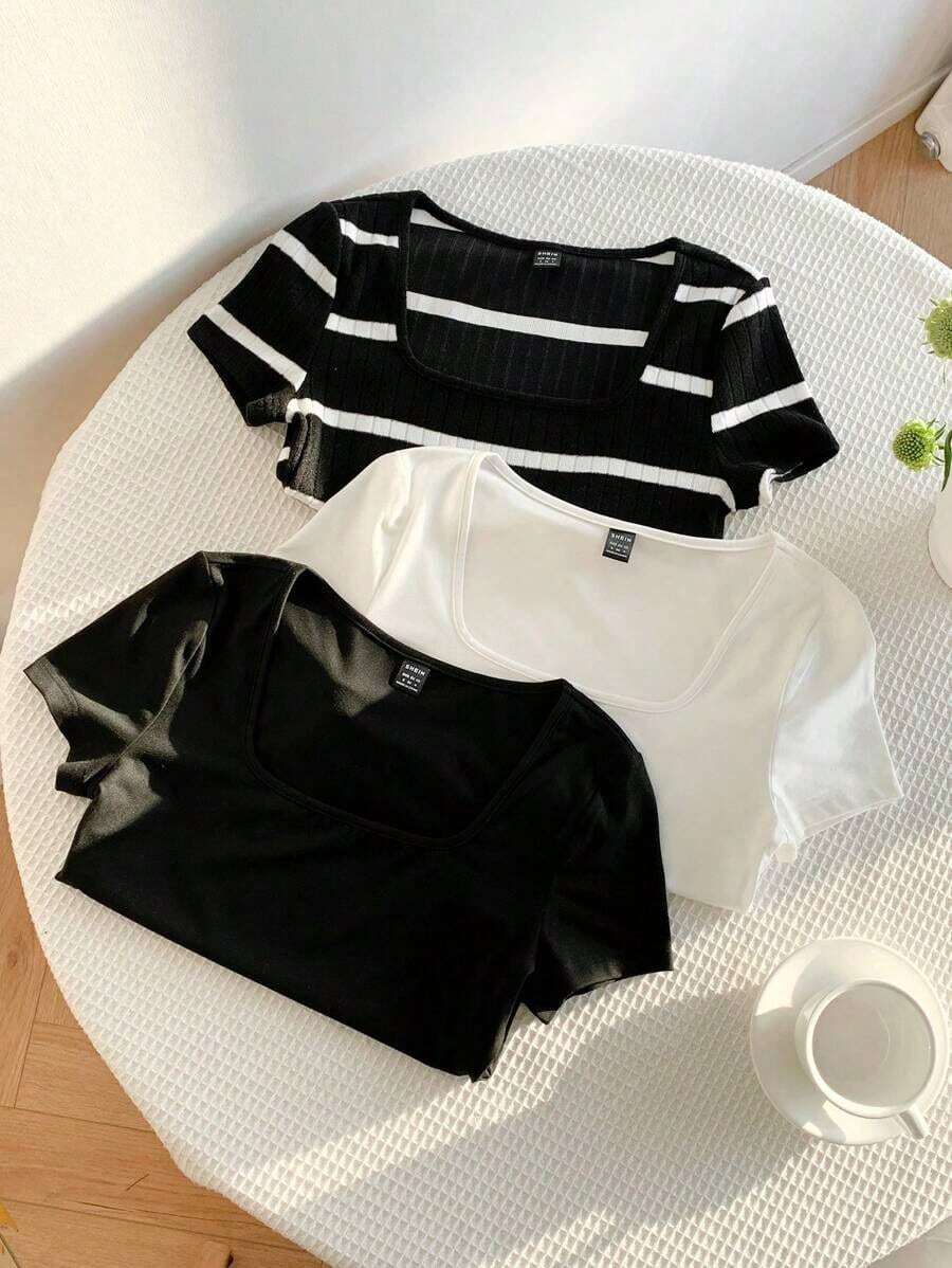 Set de 3 camisetas de cuello redondo de manga corta de punto con rayas minimalistas de estilo casual para mujer en colores café marrón y blanco, adecuadas para el uso diario, citas, reuniones, otoño/invierno/verano, Navidad, Año Nuevo, Acción - Negro - Ver 1