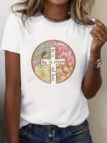 1 pieza de camiseta de mujer "Él ha resucitado" - Camiseta blanca suave con diseño floral vintage, cruz y escritura (Él ha resucitado, Mateo 28:6) - Ropa religiosa de manga corta y cuello redondo para la iglesia en Pascua, ajuste cómodo e informal, 180g 100% algodón. - Blanco - Ver 1