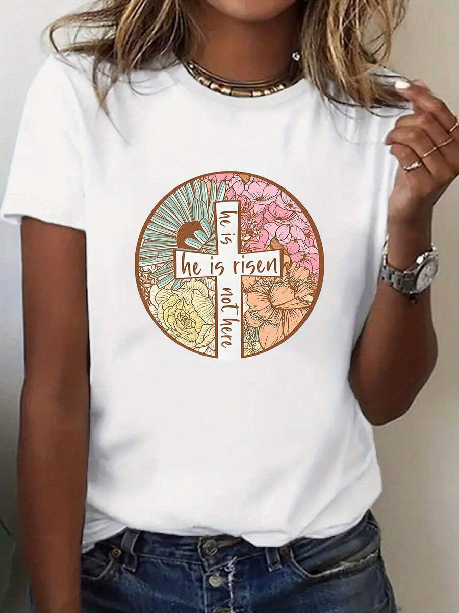 1 pieza de camiseta de mujer "Él ha resucitado" - Camiseta blanca suave con diseño floral vintage, cruz y escritura (Él ha resucitado, Mateo 28:6) - Ropa religiosa de manga corta y cuello redondo para la iglesia en Pascua, ajuste cómodo e informal, 180g 100% algodón. - Blanco - Ver 1