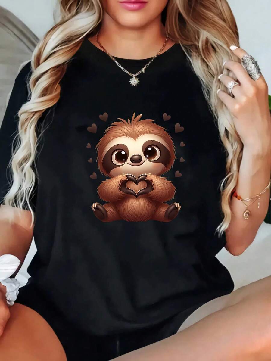 Talla - Talla - Camiseta Casual de Mujer con Estampado de Danta, Mangas Cortas, Cuello Redondo y Ligera Elasticidad - Negro - Ver 1
