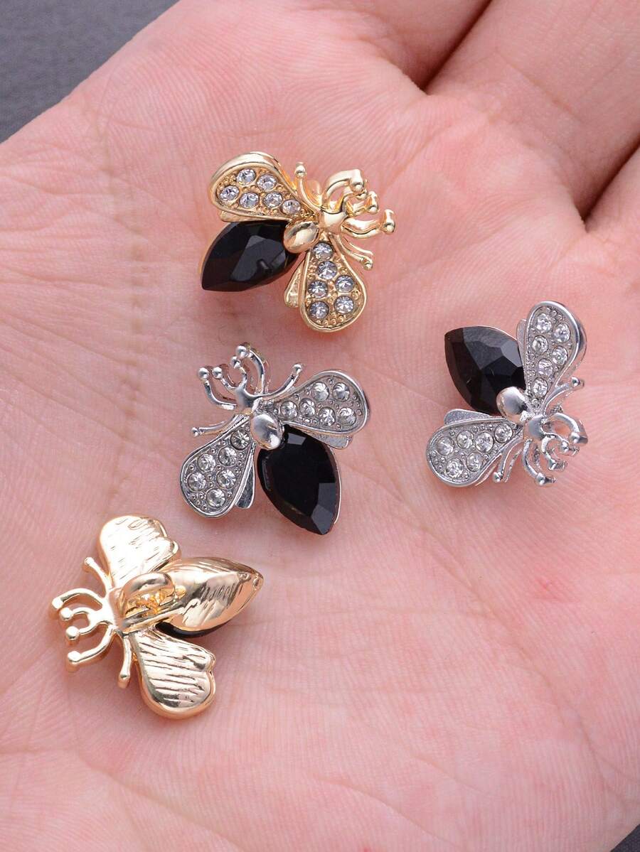 6PCS Bee Shaped Metal Buttons, Black Crystal & Rhinestone Embellished Sewing Buttons For Coats, Blouses, Jackets, 2 Colors (Gold/Silver)