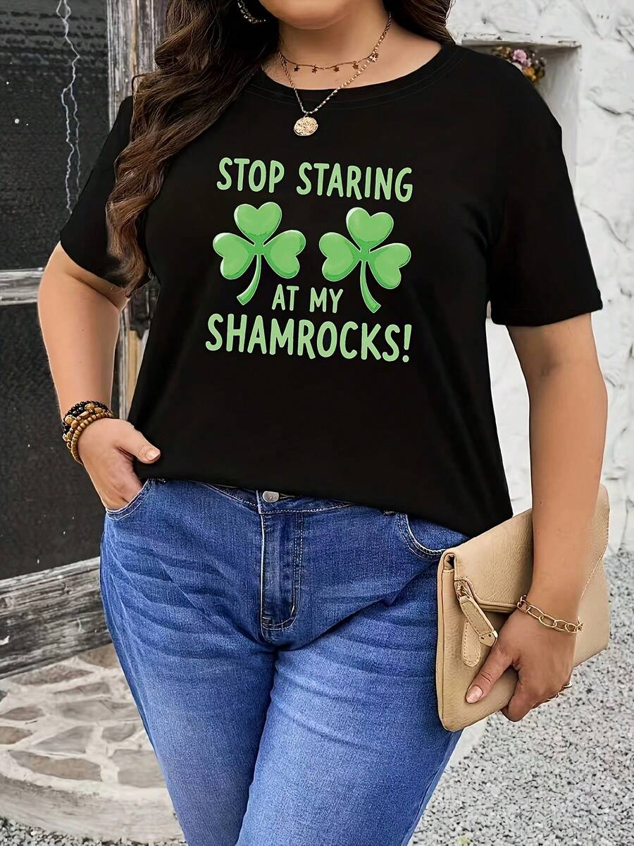 Talla Grande, Camiseta Talla Grande, Día de San Patricio "¡DEJA DE MIRAR MIS TRICOTOS!"Camiseta estampada, negra, de manga corta y cuello redondo - Lavable a máquina, estilo casual, ajuste cómodo, diseño moderno, versátil para uso diario, tela suave. - Negro - Ver 1