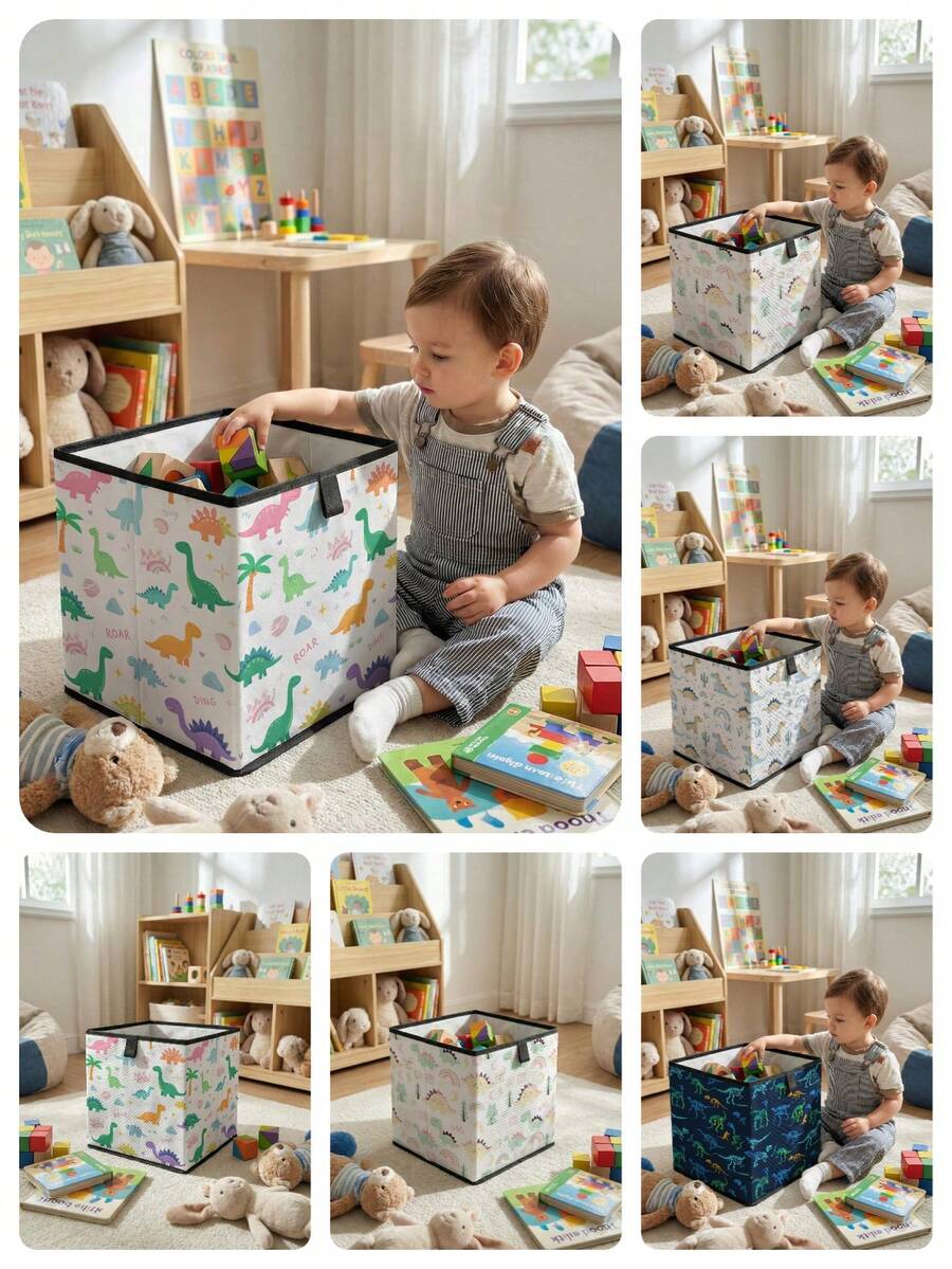 1pc Large Capacity Foldable Cartoon Dinosaur Print Open Storage Box, Durable Diaper & Toy Organizer Basket, Drawers Style Multi-Purpose Storage For Home, Dorm, Bedroom Under Bed - Multicolor - View 1