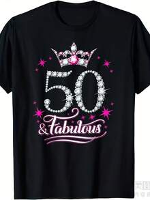 Camiseta de 50º Cumpleaños "50 & Fabulosa" para Mujer y Hombre - Atuendo para Fiesta de 50º Cumpleaños con Número 50 Tipo Diamante de Imitación, Diseño Brillante en Rosa y Negro, Algodón Puro 220gsm, Regalo Unisex para Celebración de un Hito. - Negro - Ver 7