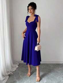 elegante y romántico para mujer con lazo decorativo en la cintura y corte evasé sin mangas - azul real - Ver 5